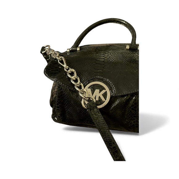 Michael Kors Chain Snake Embossed Leather Shoulder Bag/Cross Body Jet Set BlacK - Picture 5 of 14